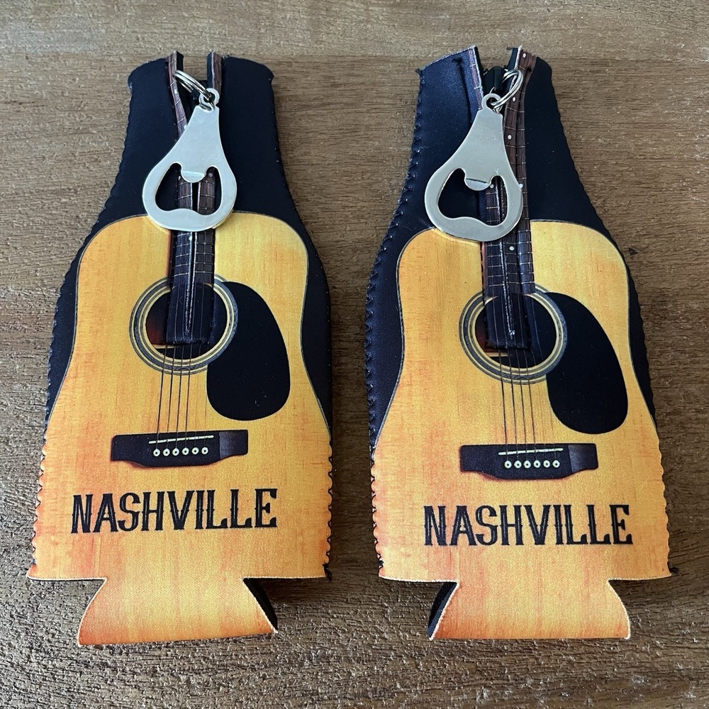 Nashville Guitar Bottle Koozies Set of 2 Guitar Pick Bottle Opener Zipper Pull